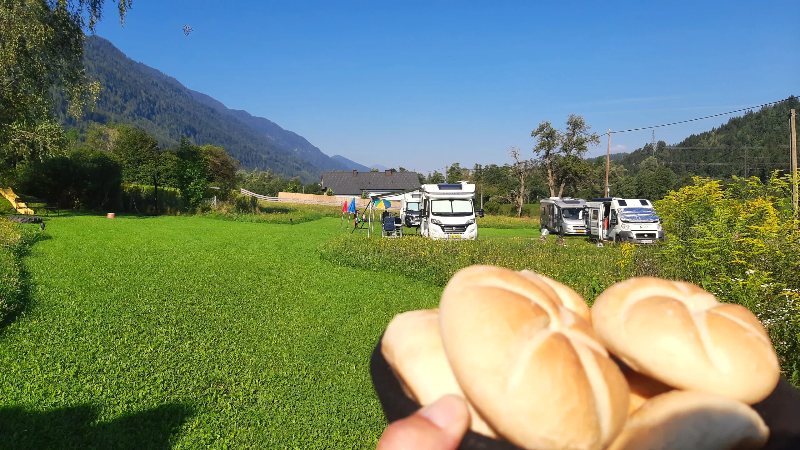 Frische Brötchen vom Brötchenservice, dahinter die Wohnmobile auf der Stellplatzwiese