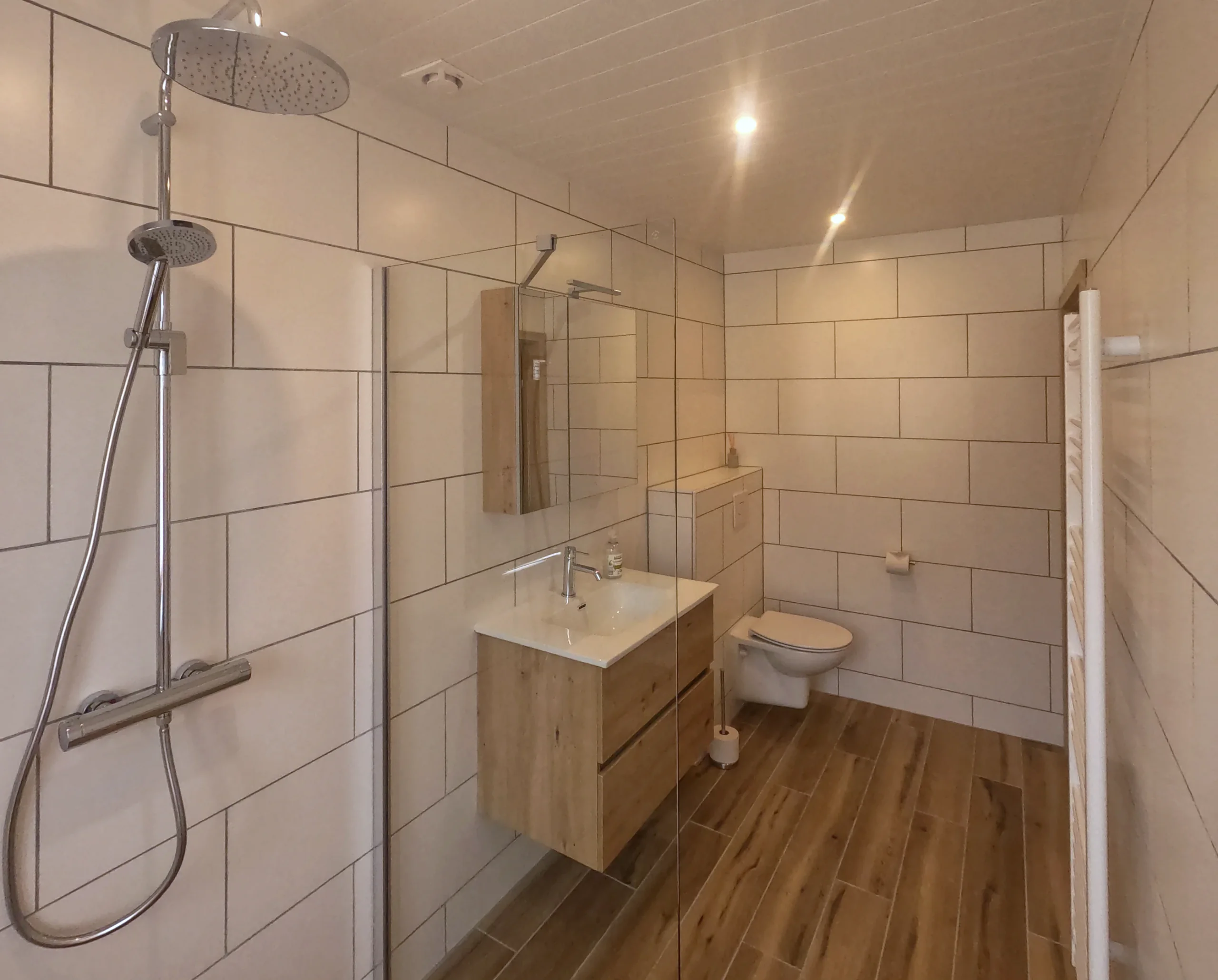 Bad mit bodengleicher Regendusche, Holz-Waschtisch mit Spiegelschrank und Wand-WC